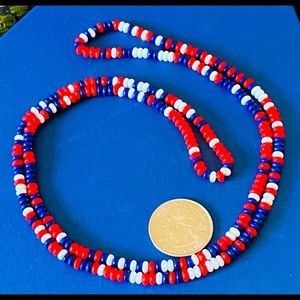 Necklace Strand of Polished Red, White & Navy Bead